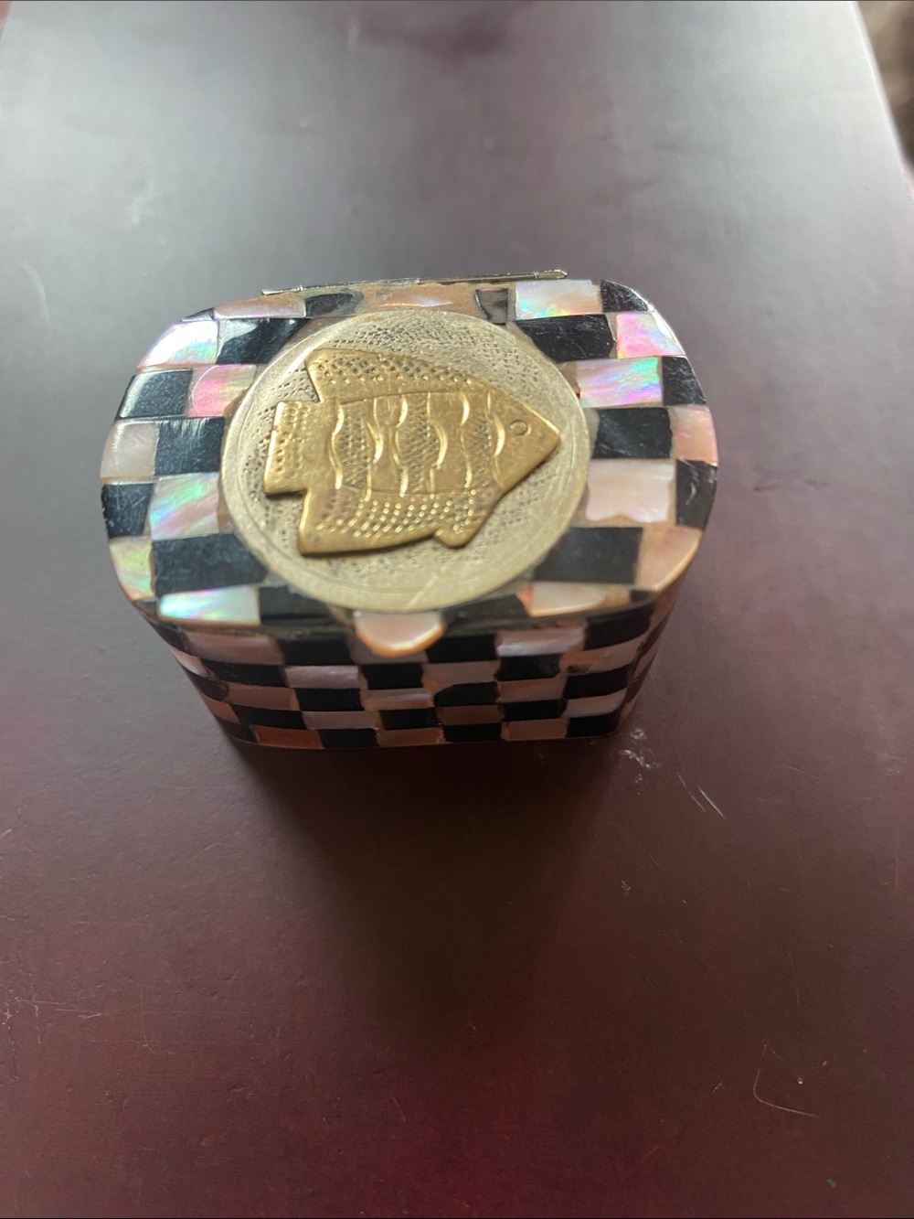 Checkerboard Mother-of-Pearl Trinket Box with Brass Fish Accent - Picture 1 of 4